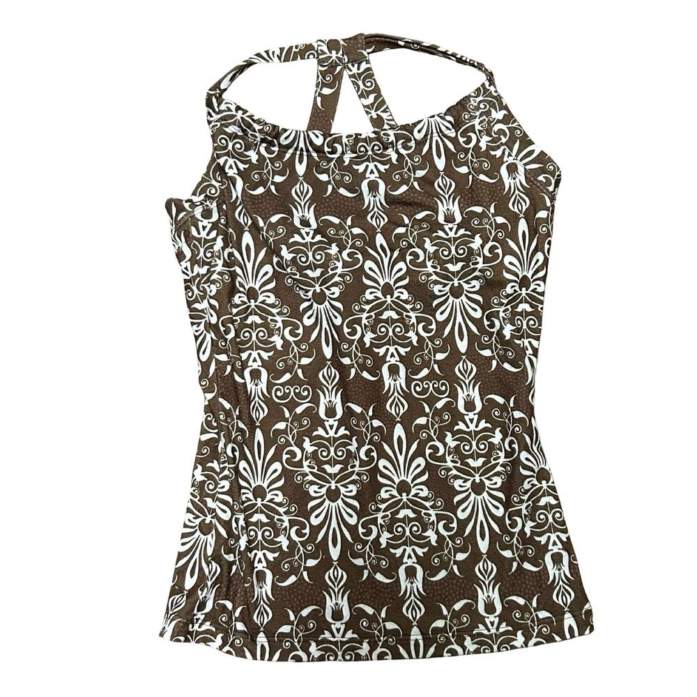 Y2K Prana Halter Tank Top Womens Small Brown White Floral Damask Granola Boho